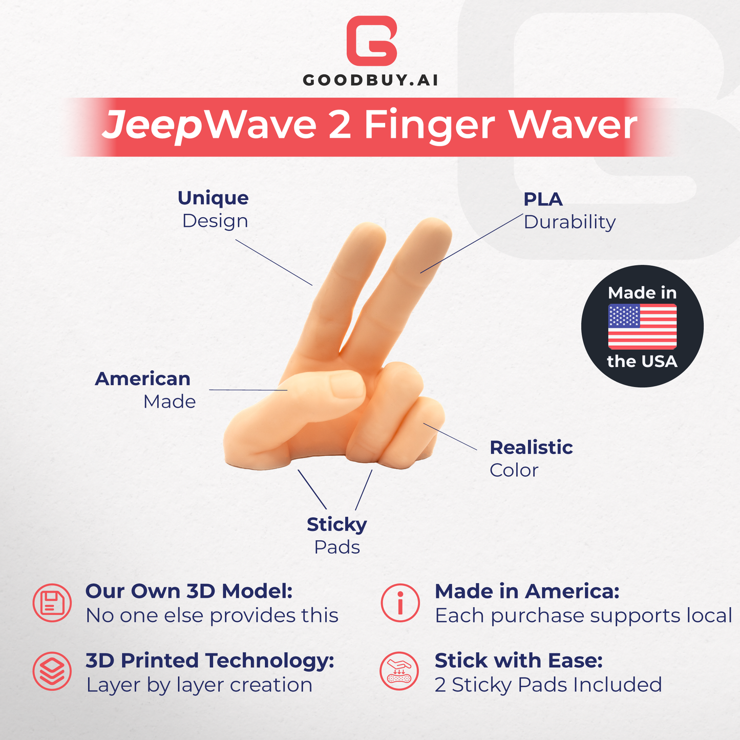 Made in USA 2-Finger Waving Hand Salute Lazy Waver Compatible with Jeep Gladiator for JeepWave Cherokee for Dash Hand Wave 3D Printed