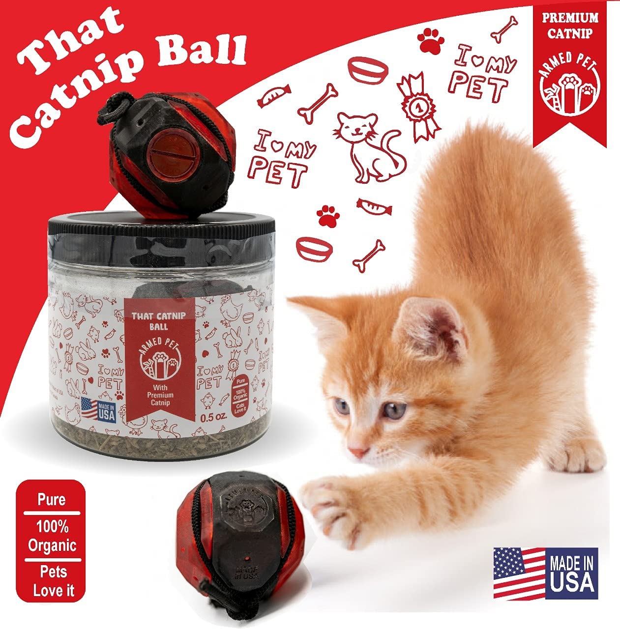 ArmedPet That Catnip Ball Toy for Cats with Catnip for Hours of Play 3D Printed Made in Texas USA Red Ball - GoodBuy.ai